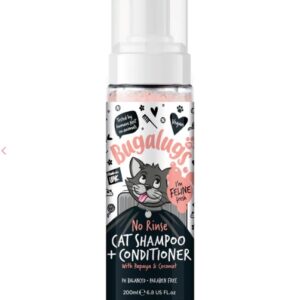 bugalugs no rinse Description Foam and go! No rinse dry cat shampoo and conditioner with Papaya & Coconut – this multi action, easy to use, waterless product deeply cleans and removes odours whilst ensuring cats skin and fur remains nourished and conditioned Calm your kitty – skip bath time with this foam action grooming product ensuring a no fuss, relaxed grooming session for your feline friend. Pump foam into palm of hand, apply to your cats dry coat, massage into fur and brush through. No rinse needed! Feline fresh – evoke the feeling of a tropical oasis with the perfume of Papaya & Coconut. Fur will feel soft and shiny with unwanted odours replaced with this exotic aroma Tested by humans, not on animals, PH Balanced, Vegan & made in UK – Infused with rich Papaya Extract this gentle formula is perfect for all cats and kittens over 8 weeks and also those with sensitive skin bugalugs no rinse cat shampoo and conditioner