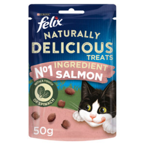 FELIX Naturally Delicious Salmon and Spinach Cat Treats recipes are made with high quality ingredients and without any artificial colours.