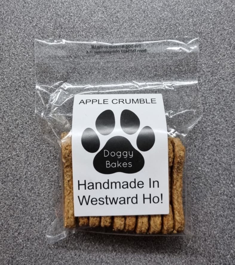 Doggy Bakes Of Westward Ho! Apple Crumble flavoured dog biscuits. 100g.