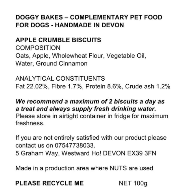 Doggy Bakes, Westward Ho! 100g Apple Crumble ingredients list